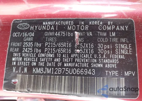 2005 Hyundai Tucson Gl из США, поврежденный, VIN KM8JM12B75U066943